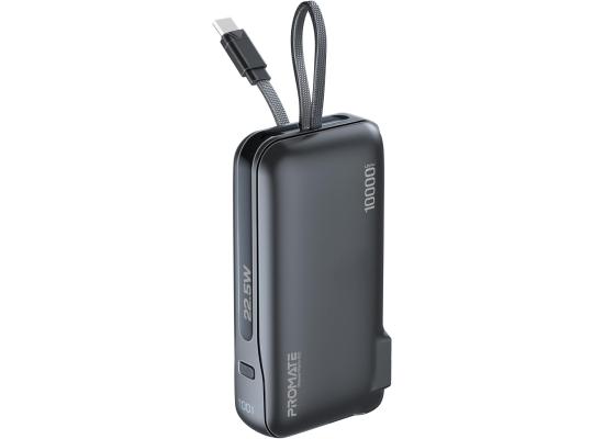 Promate Dual-Mode AC/DC Charger and 10000mAh Power Bank with 20W USB-C Port, Built-In USB-C Cable, 22.5W USB-A Quick Charge, Digital Display, and Multi-Protection System for Safe - Black